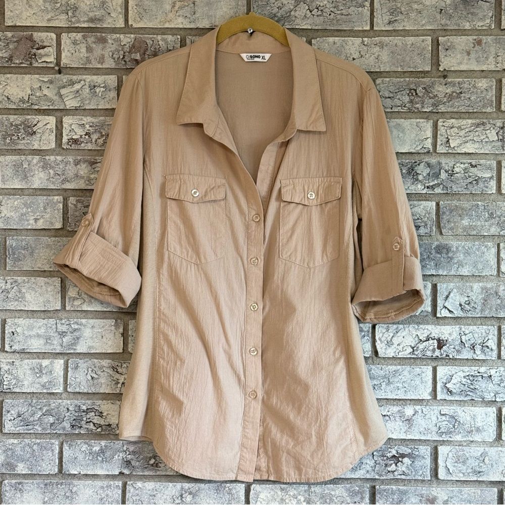 Ci Sono Wovens Button-Up Shirt XL Lightweight Cotton Roll-Tab Sleeve Neutral